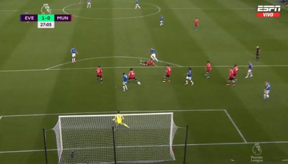 Gol de Anthony Gordon para el 1-0 de Everton vs. Manchester United. (Captura: ESPN)