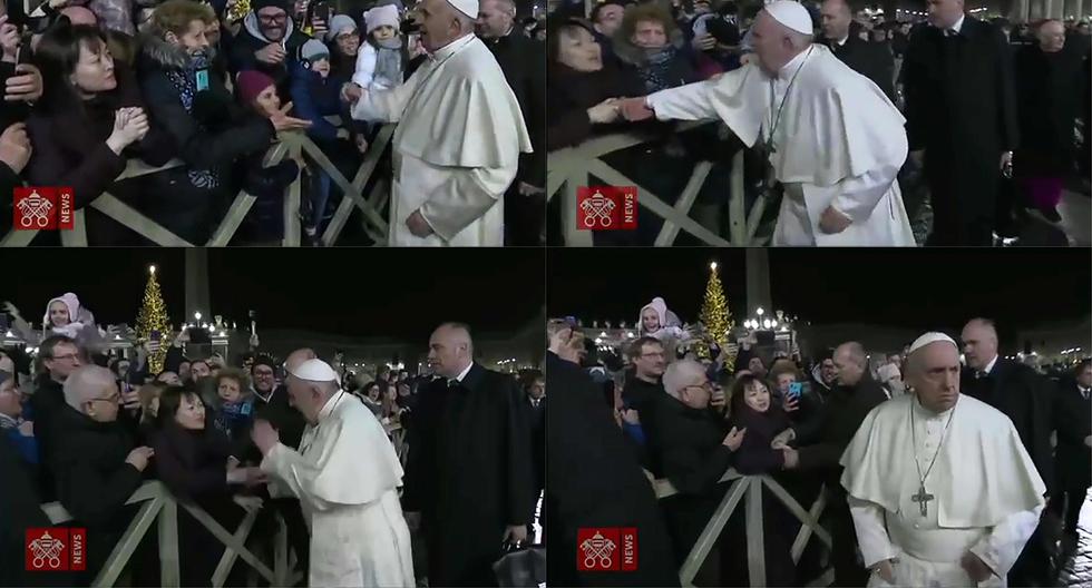 La secuencia donde se ve a una mujer jalar con fuerza el brazo del papa Francisco y la reacción de pontífice. (AFP).