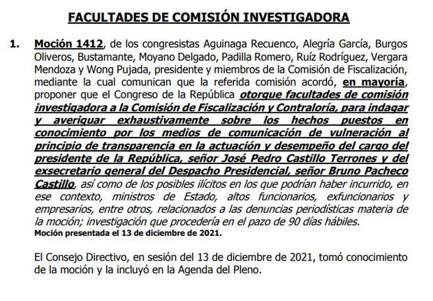 La agenda de pleno de este jueves y viernes incluye la moción que plantea que la Comisión de Fiscalización investigue las reuniones del presidente Pedro Castillo en Breña. (Captura)