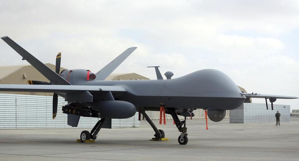 Un dron estadounidense MQ-9 se exhibe durante una exhibición aérea en el aeródromo de Kandahar, Afganistán, el martes 23 de enero de 2018. (Foto AP/Massoud Hossaini, archivo).