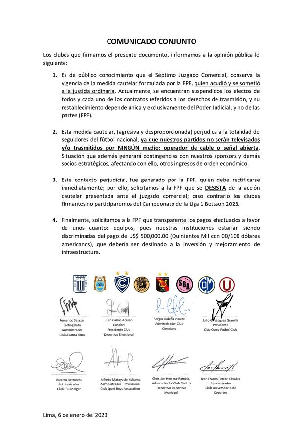 Comunicado de ocho clubes de la Liga 1 2023.