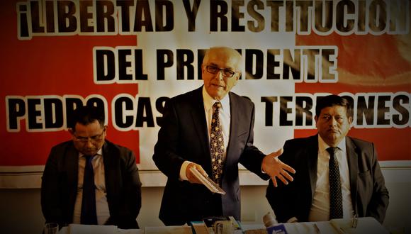 Guillermo Olivera (centro) ya no es más parte de la defensa de Pedro Castillo (En esta foto durante una pasada conferencia de prensa junto a los abogados Eduardo Pachas (izquierda) y Walter Ayala (derecha) Foto: Julio Reaño/@Photo.gec
