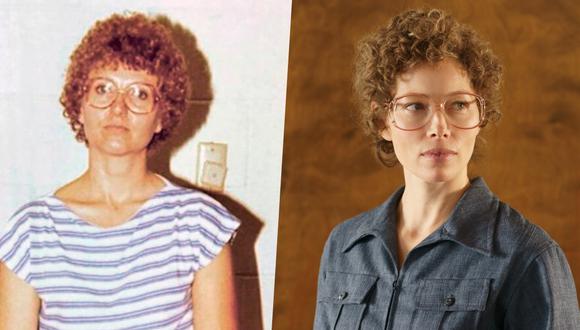 (Izquierda) La verdadera Candy Montgomery en 1980. (Derecha) Jessica Biel caracterizada para la serie de Star+.