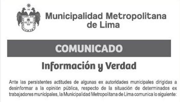 Municipalidad de Lima reconoció que alteró norma en comunicado
