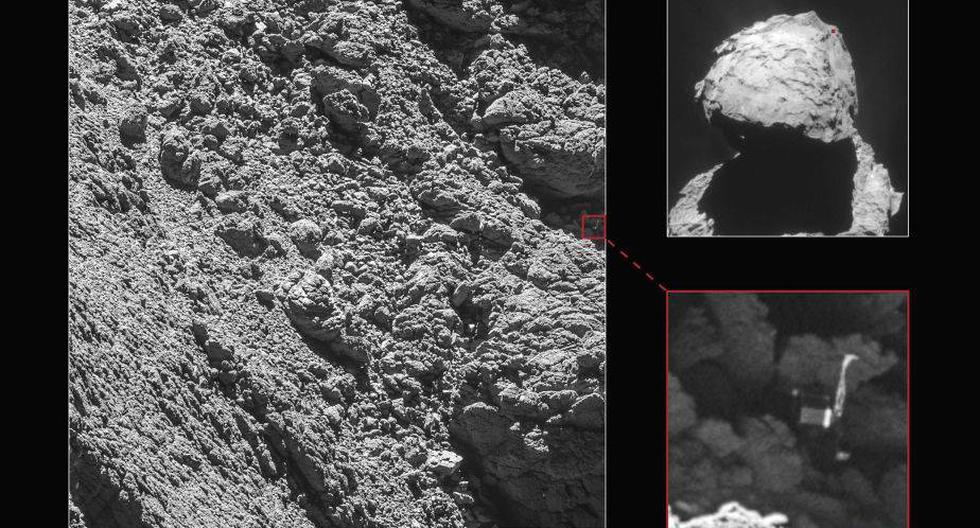 Im&aacute;genes tomadas con una c&aacute;mara de la sonda Rosetta en las que aparece el m&oacute;dulo Philae en el cometa 67P/Churyumov-Gerasimenko el pasado 2 de septiembre de 2016, desde una distancia de 2,7 kil&oacute;metros. Las fotograf&iacute;as revelan que ese peque&ntilde;o robot se qued&oacute; calado en una grieta oscura y demuestran, seg&uacute;n precis&oacute; la ESA en un comunicado, por qu&eacute; era tan dif&iacute;cil establecer comunicaci&oacute;n con &eacute;l en este tiempo. Philae fue visto por &uacute;ltima vez despu&eacute;s de que tocara tierra en el cometa en un punto bautizado con el nombre de Agilkia, desde el que rebot&oacute; y acab&oacute; deteni&eacute;ndose finalmente en una zona conocida como Abydos, a un kil&oacute;metro del primer lugar elegido para el aterrizaje. (Foto: EFE/Esa/Rosetta/Mps For Osiris/Mps/U)