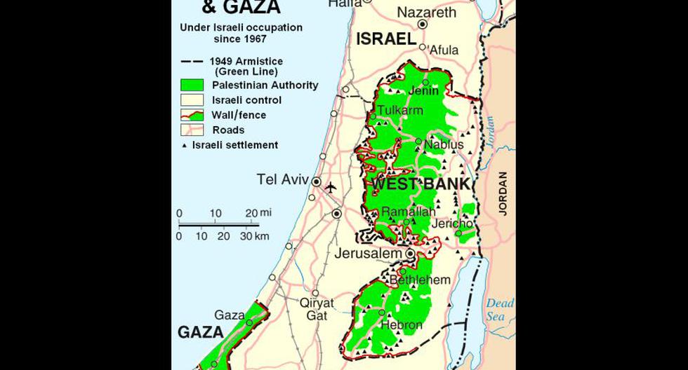 Mapa de Gaza y Cisjordania. (Foto: Wikimedia)