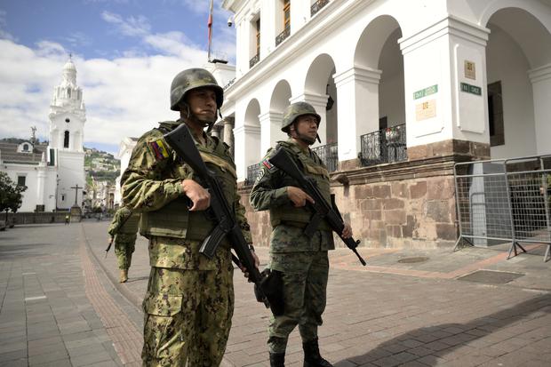 Security forces patrol the Carondelet Palace in Quito on January 10, 2024.