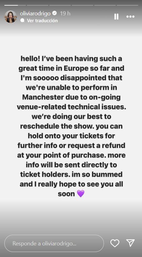 Olivia Rodrigo se pronuncia tras cancelación de su show en Manchester. (Foto: Captura de IG)