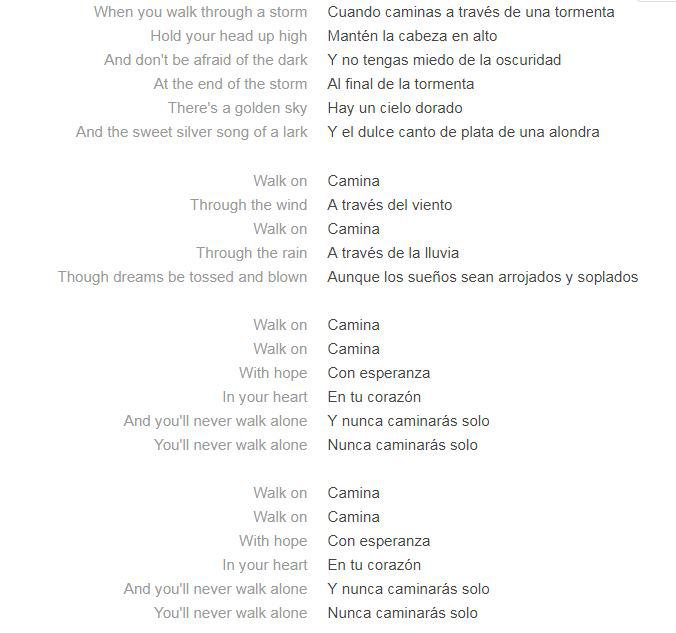 Letras en inglés y español del himno de los hinchas del Liverpool. (Foto: Captura)