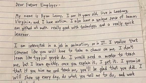 Joven con autismo pide trabajo con carta inspiradora. (Foto: Ryan Lowry / LinkedIn)