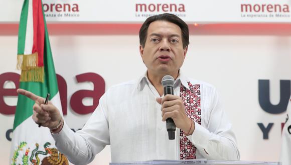 Mario Delgado, presidente del Movimiento de Regeneración Nacional (Morena), habla durante una conferencia de prensa en Ciudad de México, el 6 de junio de 2023. (Foto de Mario Guzmán / EFE)
