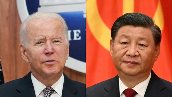 Joe Biden, dirigiéndose al Foro de las principales economías sobre energía y clima desde el South Court Auditorium y el presidente de China, Xi Jinping, en el Comité Permanente del Politburó del Partido Comunista Chino. (Foto: MANDEL NGAN, Noel CELIS / AFP)