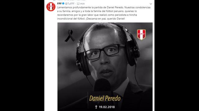 La Federación Peruana de Fútbol mandó un mensaje sobre la muerte de Daniel Peredo. (Foto: Twitter)