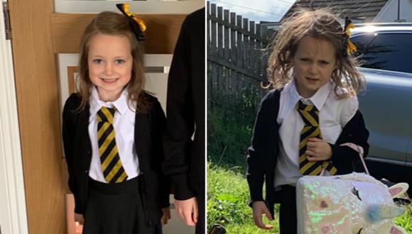 El antes y el después de Lucie en su primer día de escuela. Ella declaró que hizo mucho durante el día.