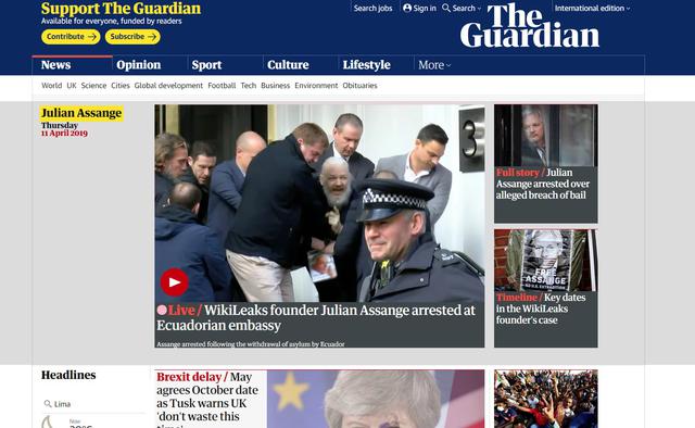 The Guardian titula en su portada: "El fundador de Wikileaks, Julian Assange, arrestado en la embajada ecuatoriana". (Captura: GEC)