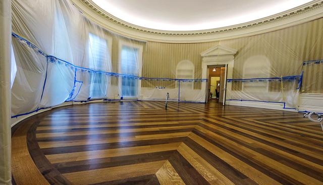 The Oval Office of the White House sits emptied of all furniture, carpet and other decor during renovations at the White House in Washington, U.S. August 11, 2017.  REUTERS/Jim Bourg